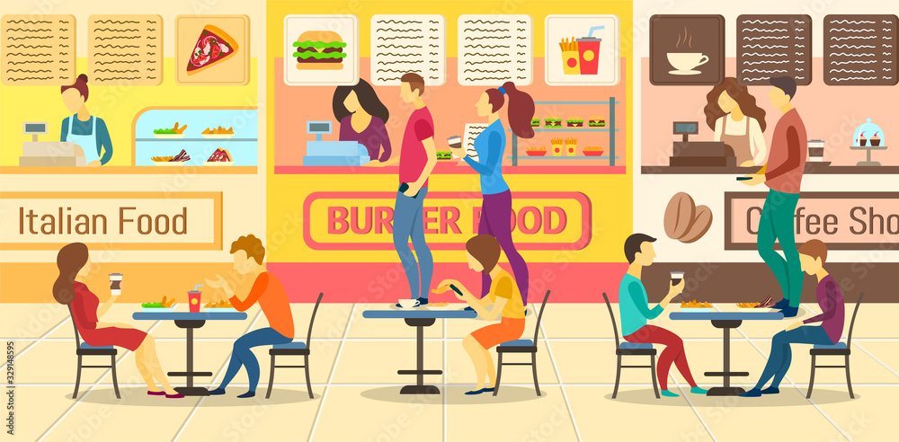 Cartoon Color Characters People and Food Court Restaurants Concept. Vector