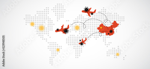 corona virus 2019 nCoV. China pathogen respiratory coronavirus. Flu spreading of world. Planes transfer influenza virus cells out of China. Dangerous chinese ncov corona virus, SARS pandemic risk aler