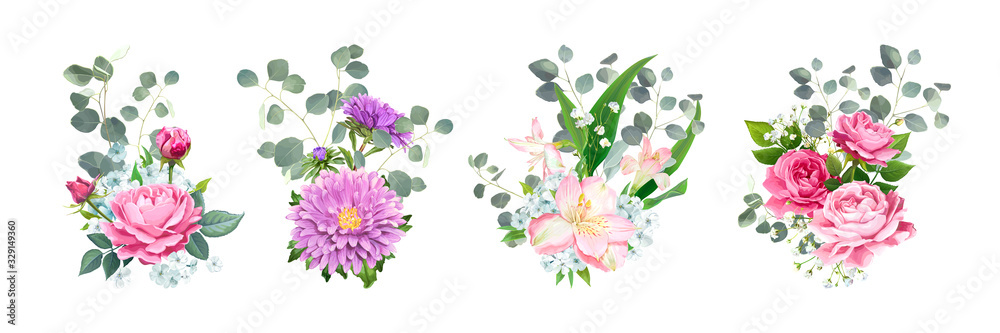 Set of vector bouquets. Blooming flowers of pink Roses, Alstroemeria, light-blue Phloxes, violet Aster and tender Gypsophila among of Eucalyptus leaves isolated on a white background. Wedding Design