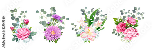 Set of vector bouquets. Blooming flowers of pink Roses, Alstroemeria, light-blue Phloxes, violet Aster and tender Gypsophila among of Eucalyptus leaves isolated on a white background. Wedding Design
