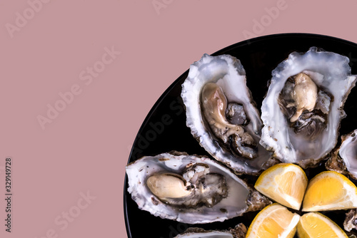 Oysters plate with lemon on pink background. Served table with oysters and lemon. Fresh oysters close-up top view. Healthy sea food. Oyster dinner with champagne in restaurant. Gourmet food. Sea food.