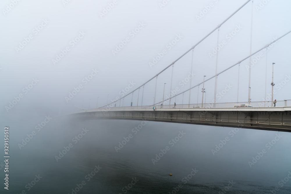 Elisabeth Bridge on foggy morning in Budapest