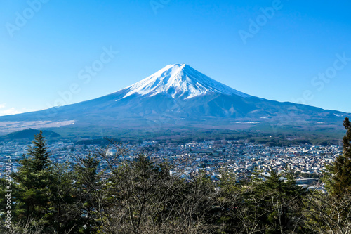 A distant view on Mt Fuji in Japan on a clear  wintery day. The top parts of the volcano are covered with a layer of snow. Holly mountain of Japan. A few tree branches in the frame.