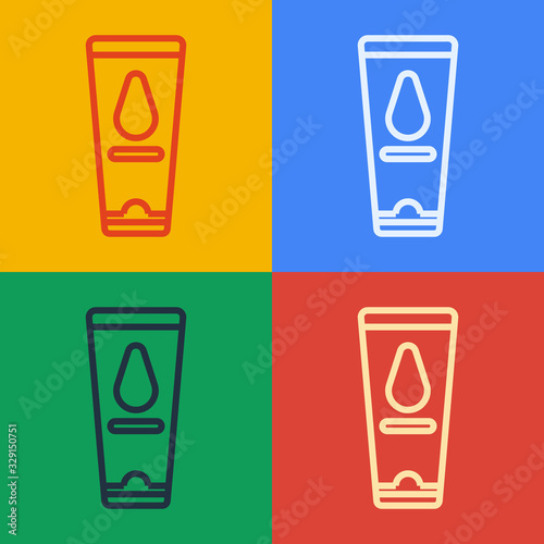 Pop art line Personal lubricant icon isolated on color background. Lubricating gel. Cream for erotic sex games. Tube with package box. Vector Illustration