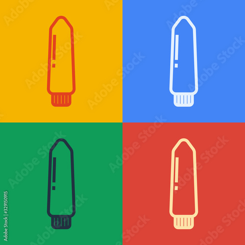 Pop art line Dildo vibrator for sex games icon isolated on color background. Sex toy for adult. Vaginal exercise machines for intimate. Vector Illustration