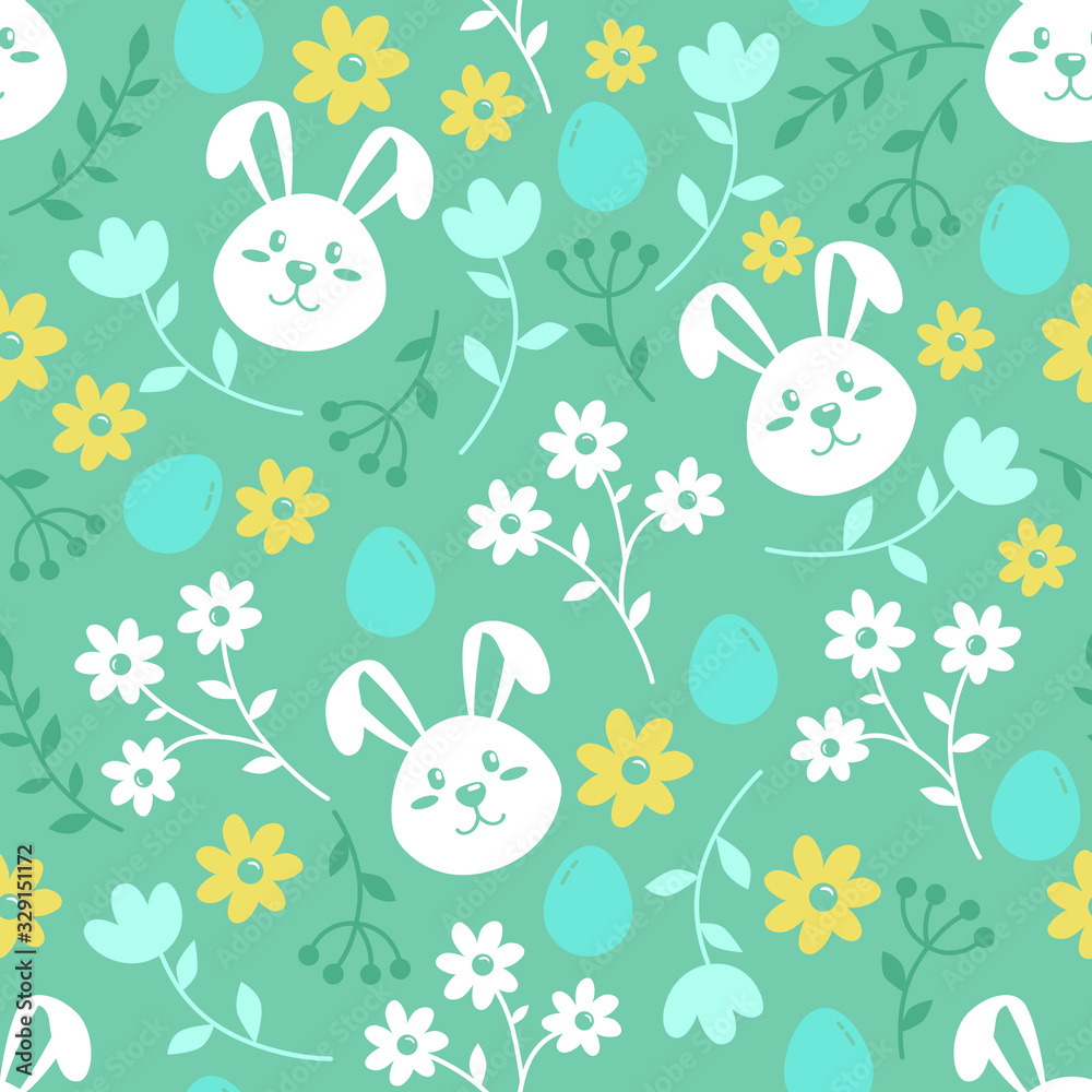 Obraz premium Easter seamless pattern with flowers, eggs and rabbits. Stock vector illustration for web, print, wrapping and scrapbooking paper, wallpaper and background.