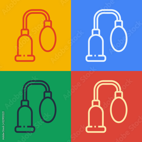 Pop art line Penis pump icon isolated on color background. Penis enlarger. Sex toy for men. Vacuum pump with a blower to increase the penis. Vector Illustration