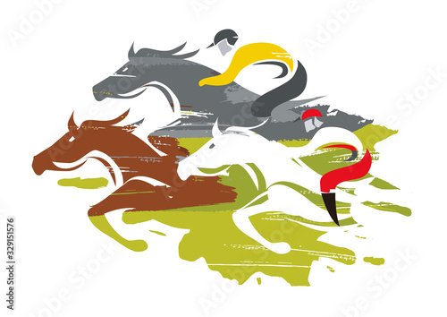 Horse Racing. Racing jockeys at Full Speed. Colorful illustration on white background. Vector available.