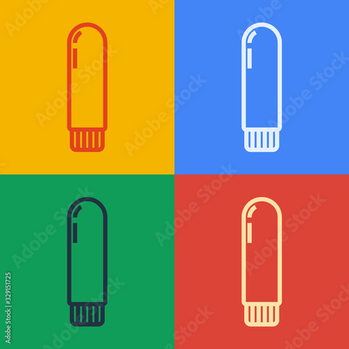 Pop art line Dildo vibrator for sex games icon isolated on color background. Sex toy for adult. Vaginal exercise machines for intimate. Vector Illustration