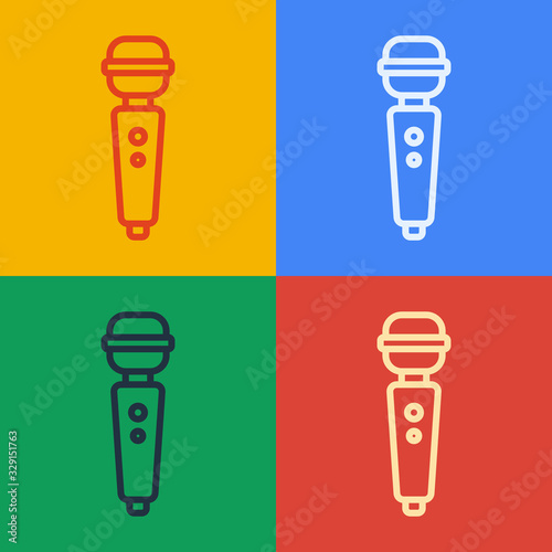 Pop art line Dildo vibrator for sex games icon isolated on color background. Sex toy for adult. Vaginal exercise machines for intimate. Vector Illustration