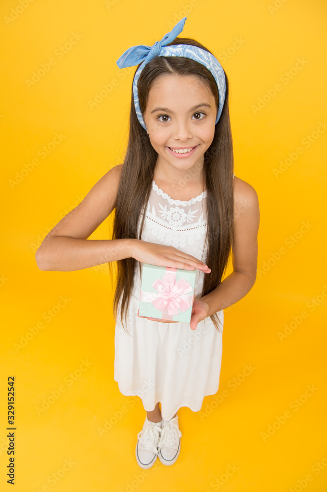Accessory shop. Present for teen girl. Womens day. Spring holidays. Cute small kid adorable girl. Fashion accessories. Girl long hair bandana knot hold gift box. Fashion trend. Little fashionista Accessory shop. Present for teen girl. Womens day. Spring holidays. Cute small kid adorable girl. Fashion accessories. Girl long hair bandana knot hold gift box. Fashion trend. Little fashionista