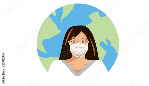 Vector image of a lady wearing a mask with the globe behind her - global or travel health and viruses or bacteria. Coronavirus.