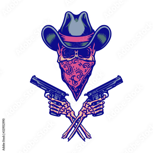 Bandit holding gun, hand drawn line with digital color, vector illustration
