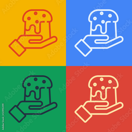 Pop art line Human hand and easter cake icon isolated on color background. Happy Easter. Vector Illustration