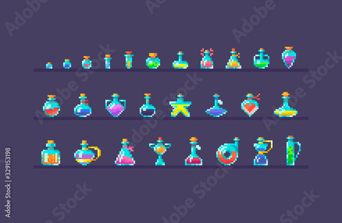 Pixel art set of glass bottles different forms and sizes.