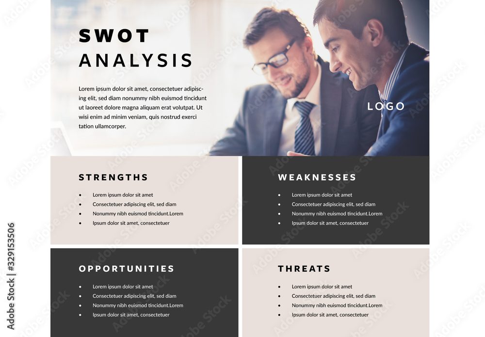 SWOT Analysis Layout with Placeholder Photo Template Stock | Adobe Stock