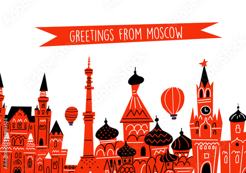 Moscow vector illustration with tourist attractions, symbols and landmarks. Greetings from Moscow. Horizontal greeting card.