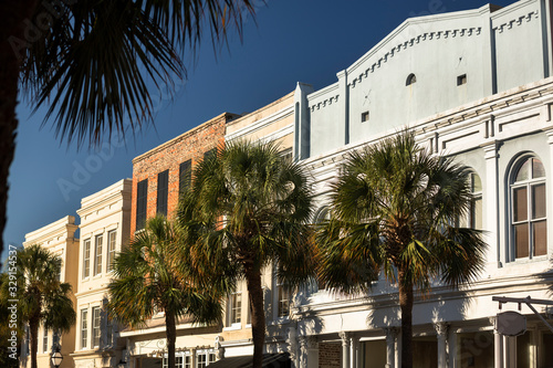 Row of old historic downtown business buildings on Broad and Meeting streets in Charleston South Carolina USA © Aevan