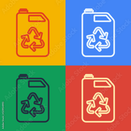 Pop art line Eco fuel canister icon isolated on color background. Eco bio and barrel. Green environment and recycle. Vector Illustration