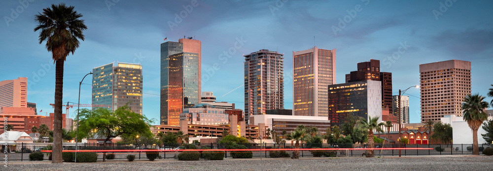 Cityscape panoramic skyline view of office buildings and apartment condominiums in downtown Phoenix Arizona USA - obrazy, fototapety, plakaty 