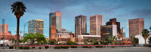 Cityscape panoramic skyline view of office buildings and apartment condominiums in downtown Phoenix Arizona USA photo