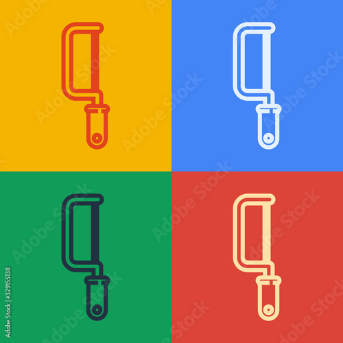Pop art line Hacksaw icon isolated on color background. Metal saw for wood and metal. Vector Illustration