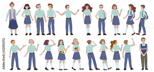 Set of high school students in uniform. Vector illustration