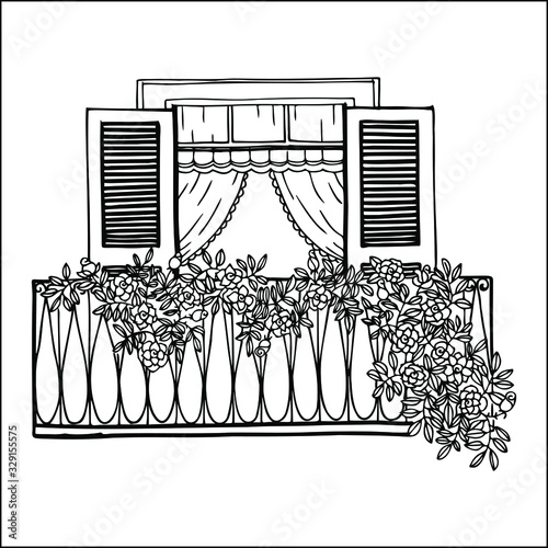 Elements of architecture, open window background. Balcony, window with shutters and rose flowers on a wall. Doodle hand draw graphic. Cute vector illustration. Sketch style. House facade.