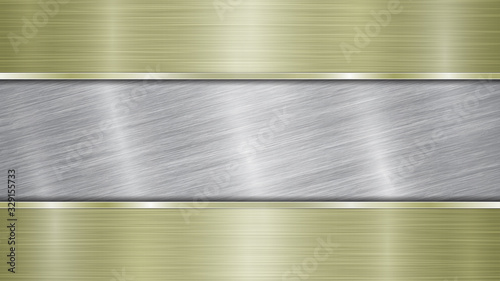 Background consisting of a silver shiny metallic surface and two horizontal polished golden plates located above and below, with a metal texture, glares and burnished edges