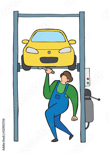 Vector car repairman lifted car o auto lift and fixing. Hand drawn illustration.