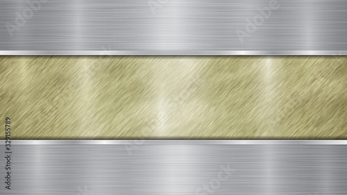 Background consisting of a golden shiny metallic surface and two horizontal polished silver plates located above and below, with a metal texture, glares and burnished edges