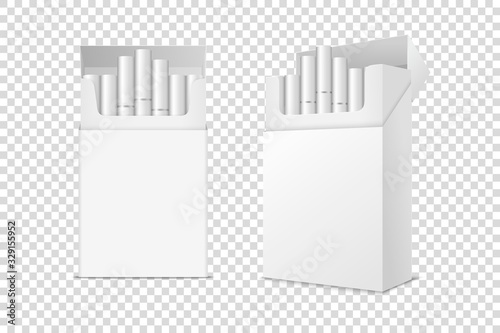 Vector Realistic Closed and Opened Clear Blank Pack with Cigarettes Box Set Isolated on Transparent Background. Design Template. Smoke Problem Concept, Tobacco, Cigarette Mockup. Front and Side View