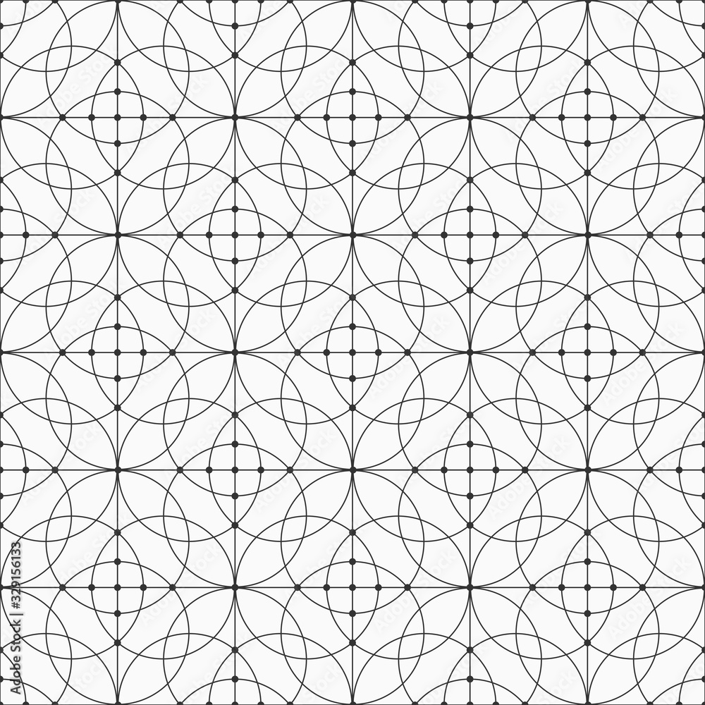 Abstract seamless pattern of connecting circles and lines. Modern stylish texture. Linear style. Spiral elements. Dots in nodes. Symmetrical lattice. Vector monochrome background. Abstract seamless pattern of connecting circles and lines. Modern stylish texture. Linear style. Spiral elements. Dots in nodes. Symmetrical lattice. Vector monochrome background.