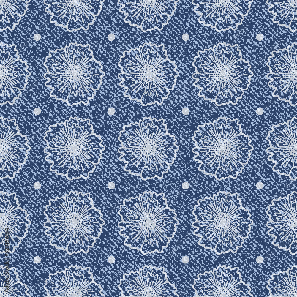 Denim polka dots floral Vector seamless pattern. Blue Jeans background with flowers