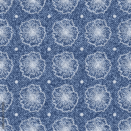 Denim polka dots floral Vector seamless pattern. Blue Jeans background with flowers