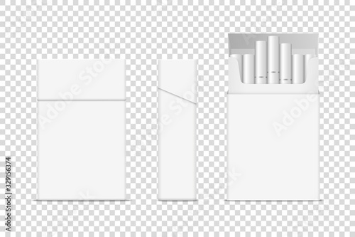 Vector Realistic Closed and Opened Clear Blank Cigarette Pack Box Set Closeup Isolated. Design Template. Smoke Problem Concept, Tobacco, Cigarette Mockup. Front and Side View photo