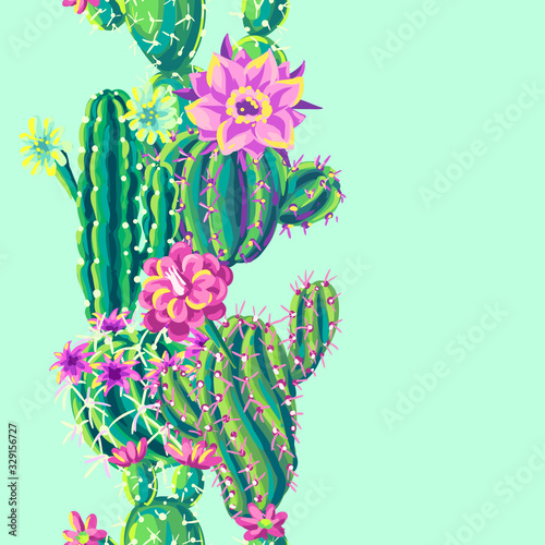 Seamless pattern with cacti and flowers.