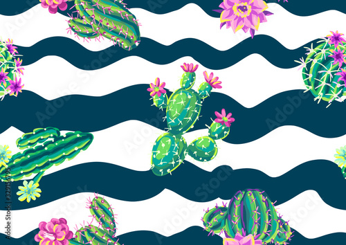 Seamless pattern with cacti and flowers.
