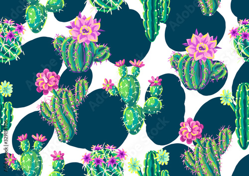 Seamless pattern with cacti and flowers.