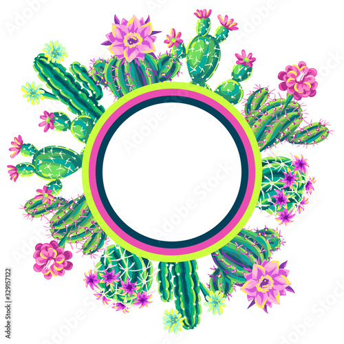 Background with cacti and flowers.