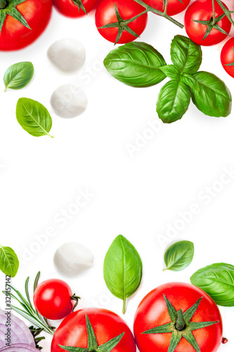 Mozzarella, basil leaf, rosemary and tomatoes isolated on white background.Creative layout made of fresh vegetables. Flat lay. Top view