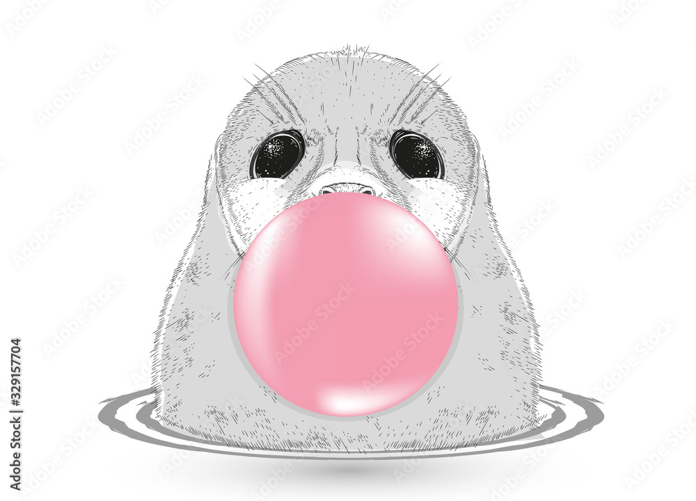 Robbe macht Kaugummiblase mit rosa Kaugummi Robbe macht Kaugummiblase mit rosa Kaugummi