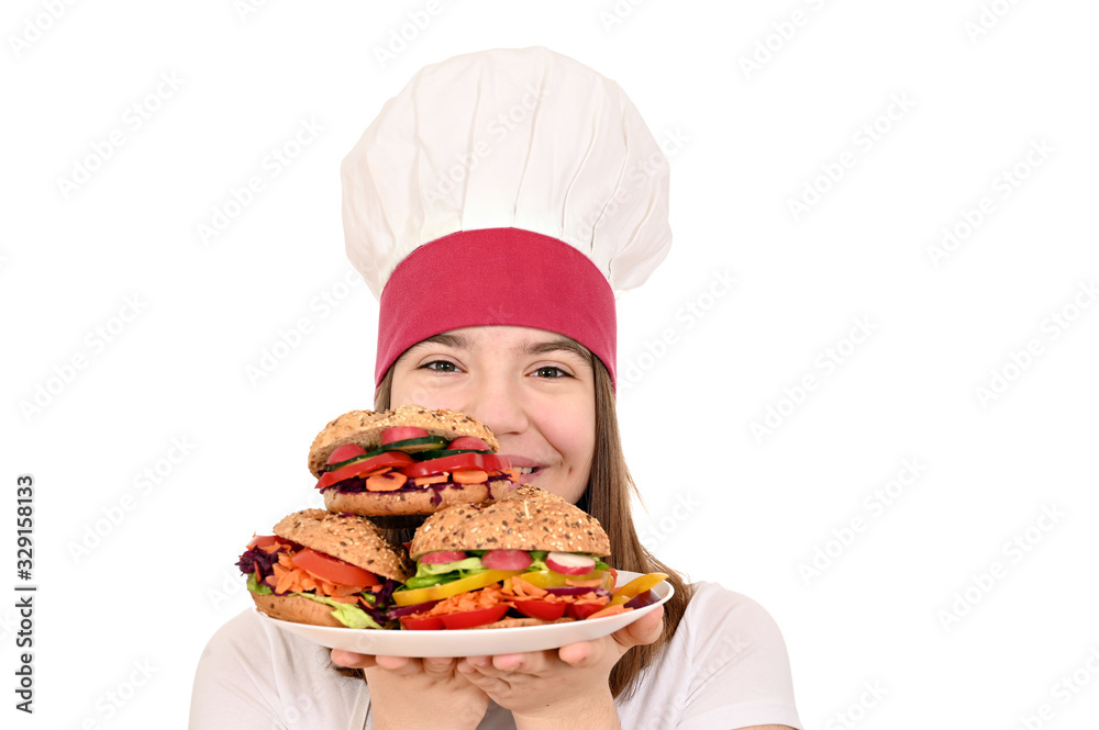 happy female cook with vegan sandwiches happy female cook with vegan sandwiches