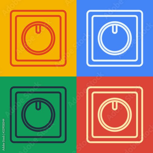 Pop art line Electric light switch icon isolated on color background. On and Off icon. Dimmer light switch sign. Concept of energy saving. Vector Illustration
