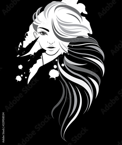 illustration of women long hair style icon, logo women on black background, vector