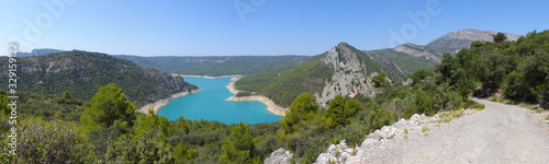 Panoramic view of the Congost de Montrebei and the landscape of the gorge formed by the Noguera Ribagorçana River, Sierra del Montsec, Catalonia © RaquelGM