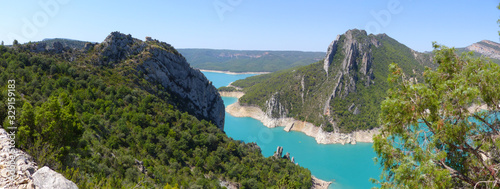 Panoramic view of the Congost de Montrebei and the landscape of the gorge formed by the Noguera Ribagorçana River, Sierra del Montsec, Catalonia photo