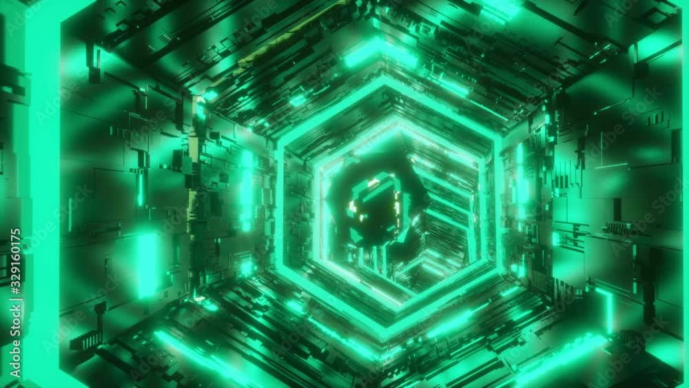 Infinite seamless flight of a mirror gem in a bright futuristic hexagon corridor illuminated by green neon lights. Art, business and technology concept background 3D rendering animation in 4K. Infinite seamless flight of a mirror gem in a bright futuristic hexagon corridor illuminated by green neon lights. Art, business and technology concept background 3D rendering animation in 4K.