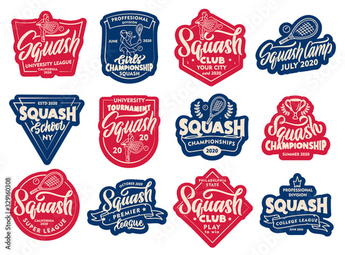 Set of Squash stickers, patches. Colorful badges, emblems, stamps for on white background.