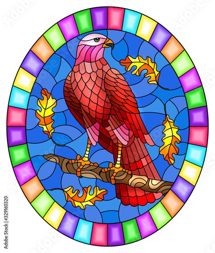 Illustration in stained glass style with fabulous red Falcon sitting on a tree branch against the sky, oval image in bright frame